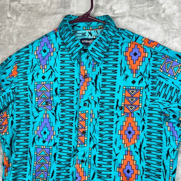 Wrangler Cowboy Cut Aztec Western Shirt Mens 16.5-35 Turquoise Geometric Cotton - Picture 2 of 12